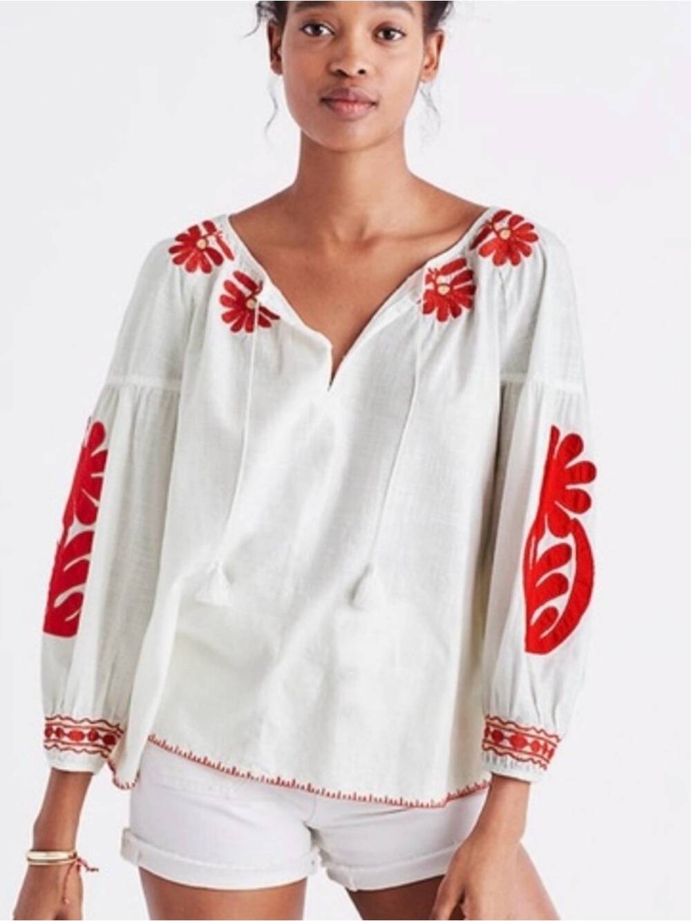 Madewell White Top with Red Floral Embroidery